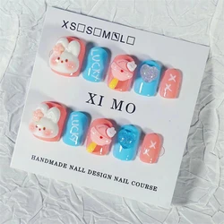 10Pcs Handmade Pink Press On Nails with Fat Rabbit Fake Nail Full Cover 3D Artificial Manicure Blue False Wearable Nail Tips Art