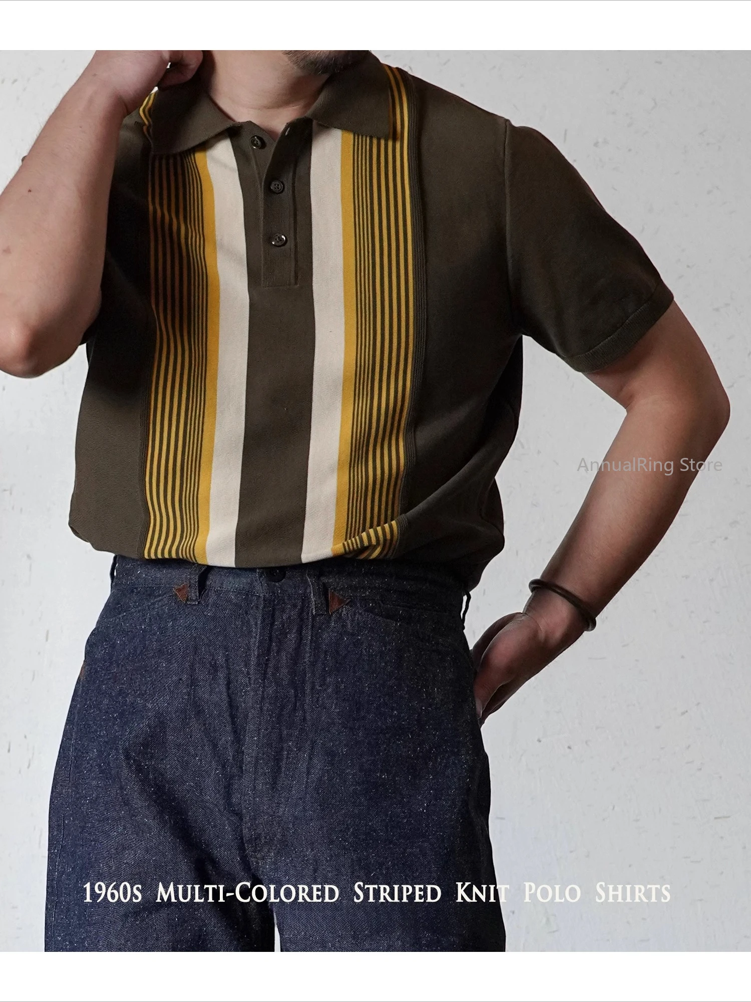 

AnnualRing Long-staple Cotton Striped Lapel Polo Shirt American Retro Sports Casual Men's Short Sleeves Business Casual T-shirt