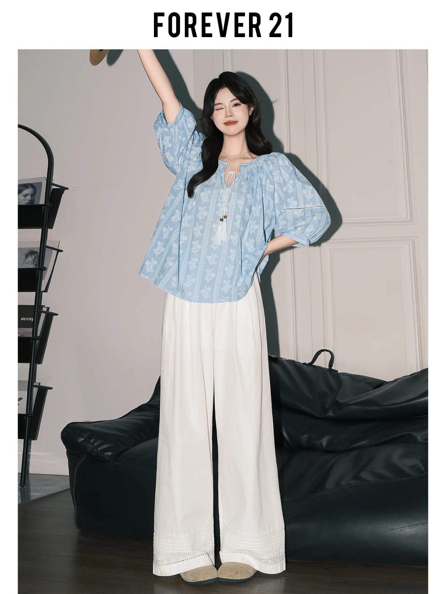 Pantalones Casuales de Cintura Alta y Pierna Ancha para Mujer, con Encaje, Frescos, Holgados, de Verano, de Forever 21
