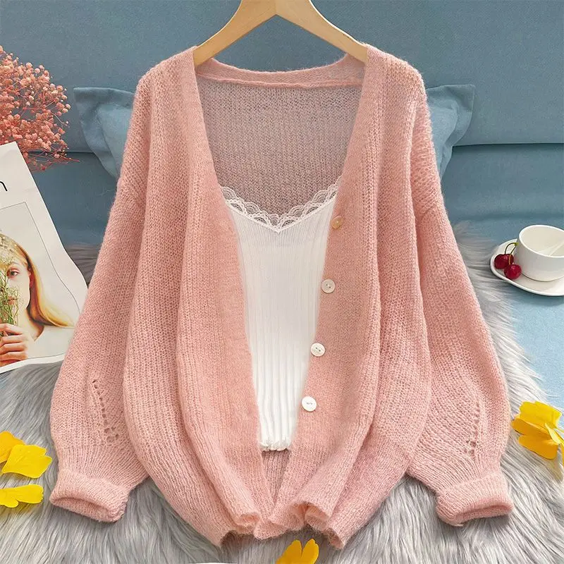 Lazy Soft Knitted Cardigan Women Sweater Long Sleeve Coat Spring Autumn Shawl Knit Thin Air-conditioning Shirt Summer Outerwear