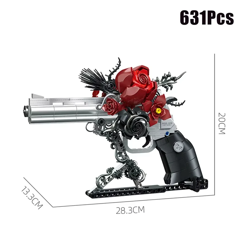 Nouveau pistolet technique mécanique Rose Revolver, blocs de construction, pistolet à main militaire à fleur rouge, jouet à assembler, cadeau de saint valentin