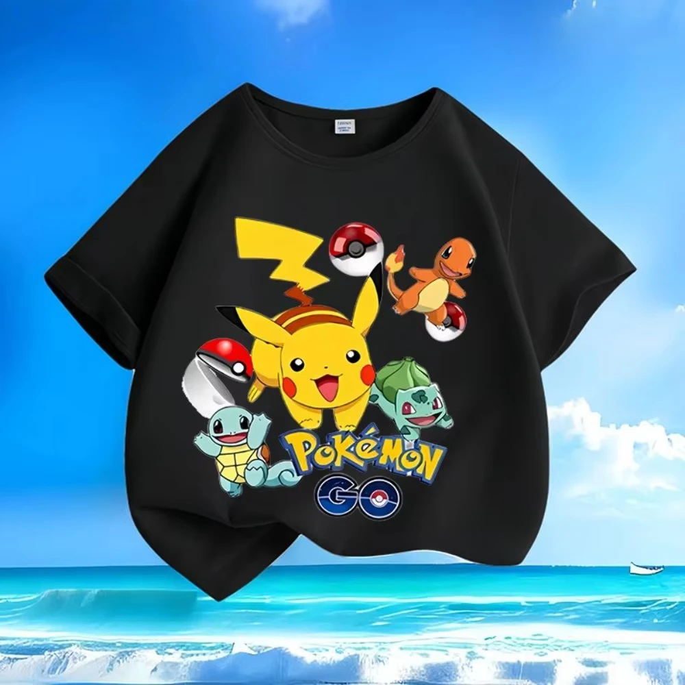 

Новая летняя серия детских футболок с коротким рукавом и круглым вырезом, с принтом персонажей аниме Покемон, универсальный топ