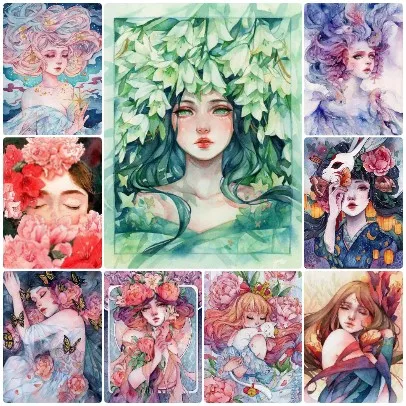 

Watercolor Floral Fairy Lady Jigsaw Puzzle, Peony/Lily/Butterfly Oriental Maiden Home Wall Decor Scenic Art Puzzle for Gift