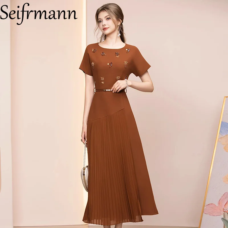 

Seifrmann 2026 Весеннее женское модное платье с круглым вырезом, коротким рукавом, стразами и плиссированной талией