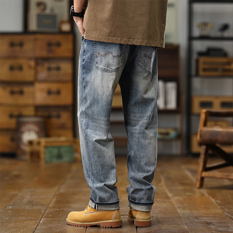 Spring/Summer Loose Straight American High Street Elastic Light Blue Denim Pants Baggy Wide Leg Jeans Streetwear Men