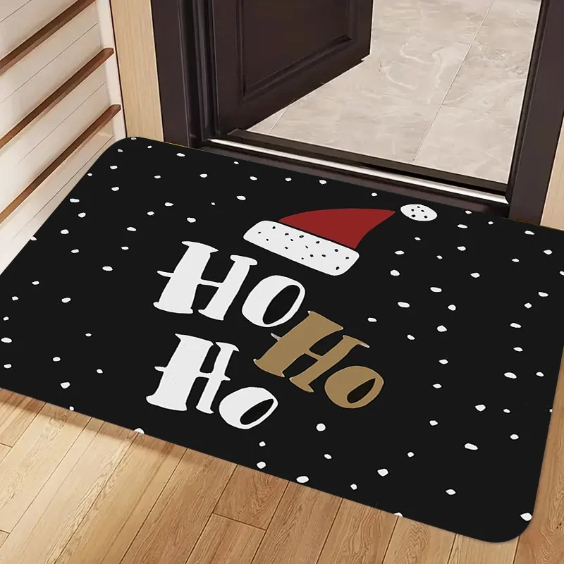 Ho Ho Ho Santa Hat Christmas Doormat, Snow Dot Printed Floor Mat, Winter Holiday Indoor Home Decor Rug