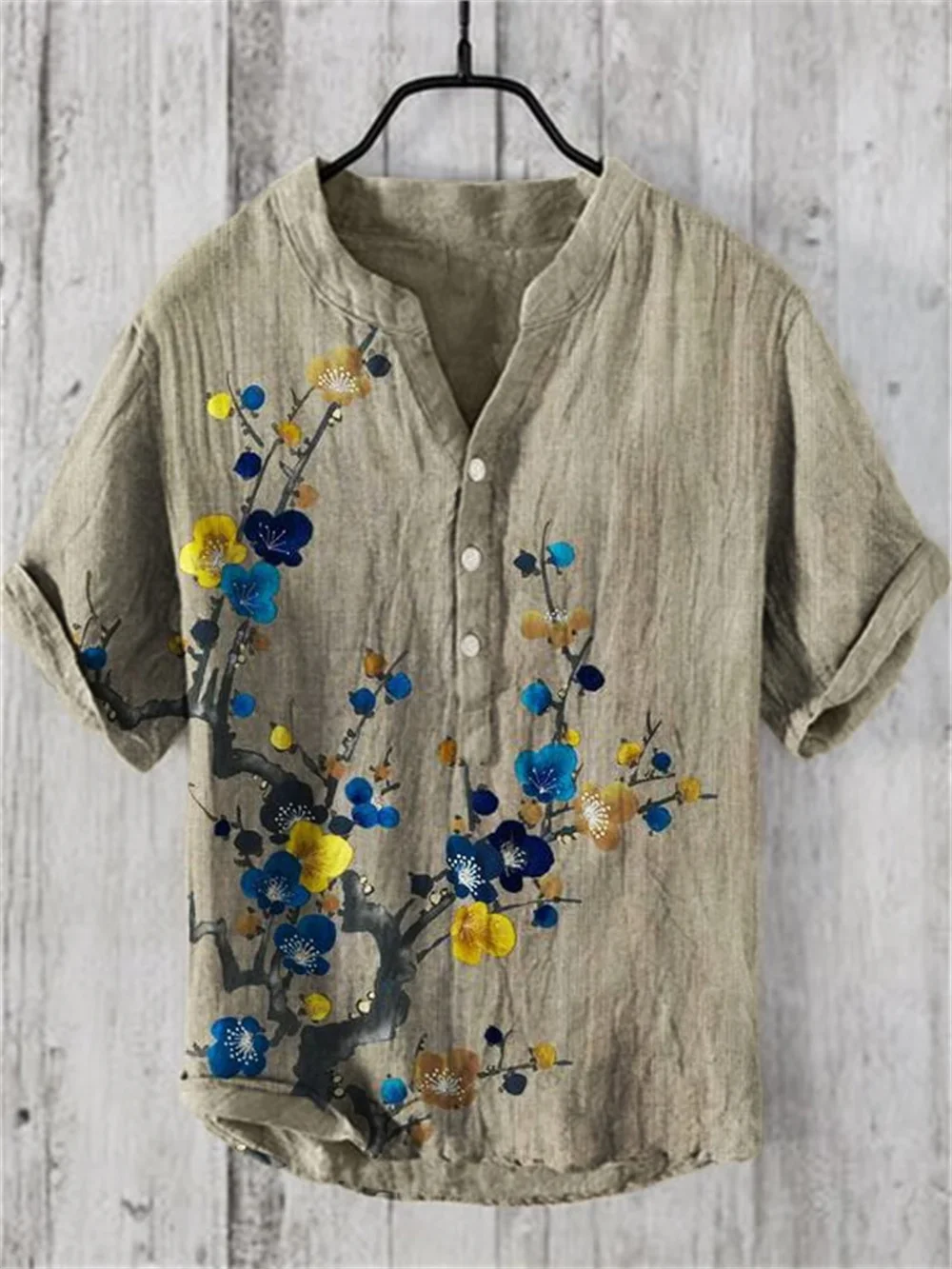 Herren Henry 3d Blume gedruckt Kurzarm Knopf Hemd, Hawaii Freizeit Resort Designer Shirt, Vintage Mode