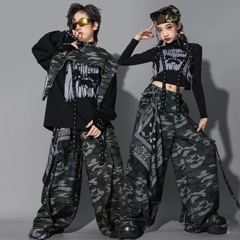 Kpop Cool Jazz Dance Kleidung Mädchen Schwarz Tops Lange Ärmel Camouflage Hosen Jungen Hip Hop Wettbewerb Kleidung Bühne Tragen BL17096