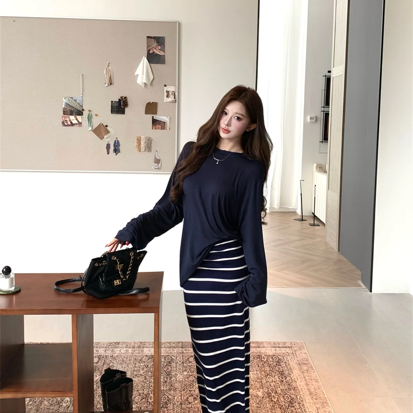 

Дышащая футболка Oxygen Long Sve, женский удобный тонкий свободный топ, полосатая юбка, корейский повседневный ансамбль Faion