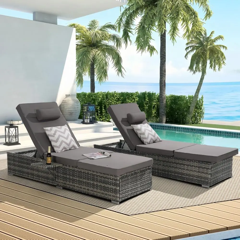 

Outdoor Patio Chaise Lounge Set, Adjustable Backrest Recliner Chair, Side Shelf, Garden & Poolside, Deep Grey