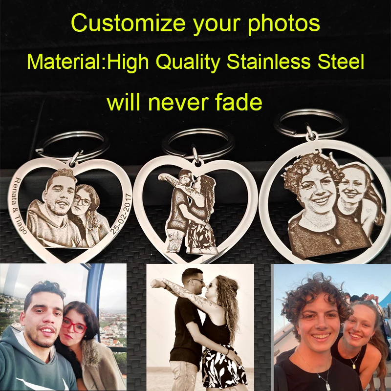 

Персонализированный брелок для пар на День святого Валентина, индивидуальный фотобрелок из нержавеющей стали, настоящий портретный брелок для ключей, подарки для пар