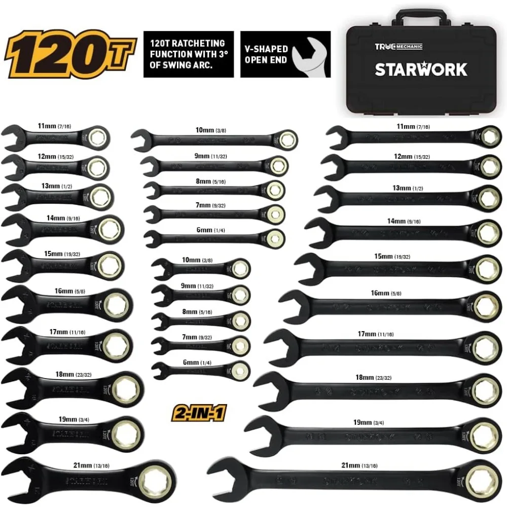 VERO MECCANICO ™   Set di 30 chiavi a cricchetto SAE e metriche 120T, serie regalo con custodia nera, professionale