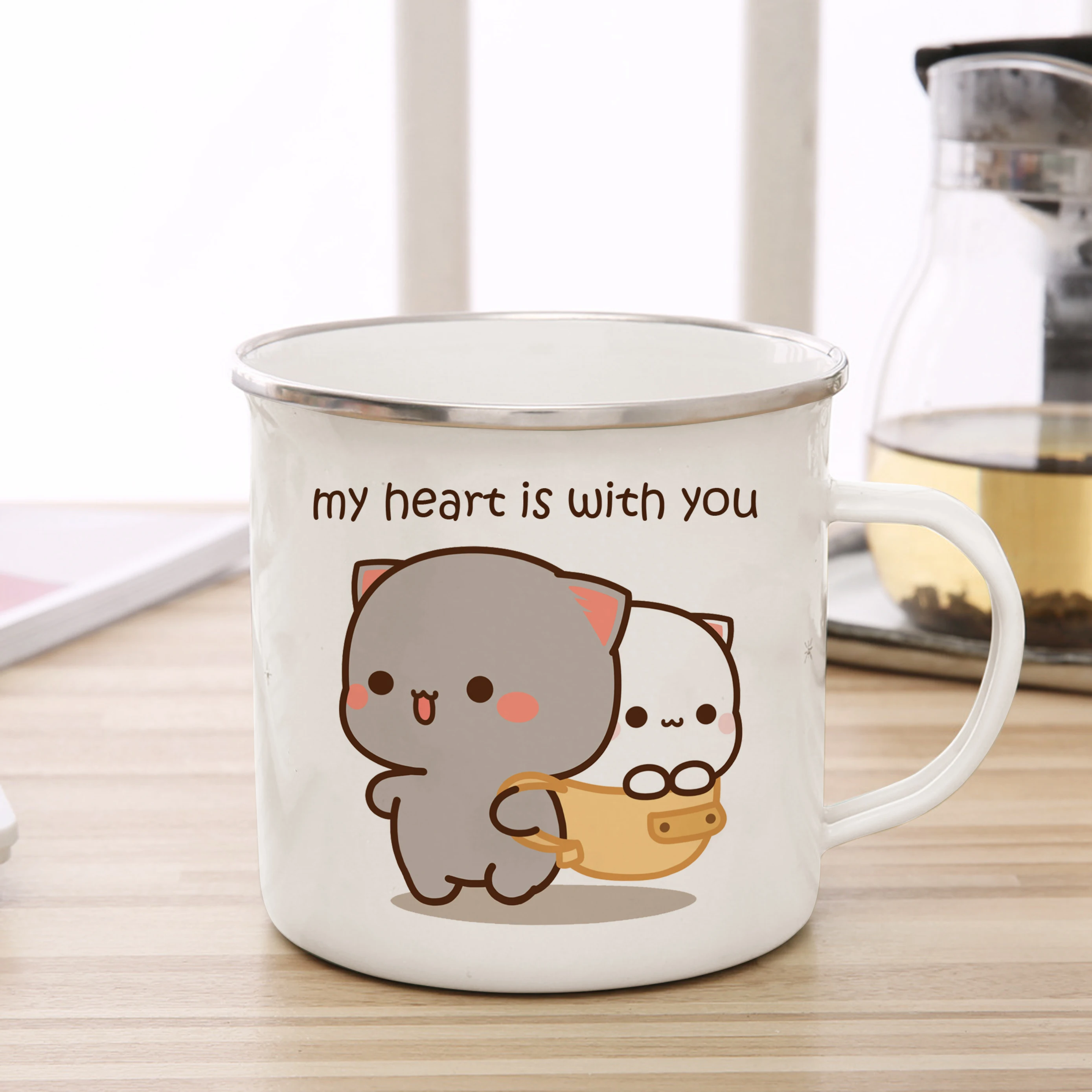 New Peach and Goma cat Enamel cup Coffee tea Mug cute animal Breakfast Dessert milk water cup couple gift