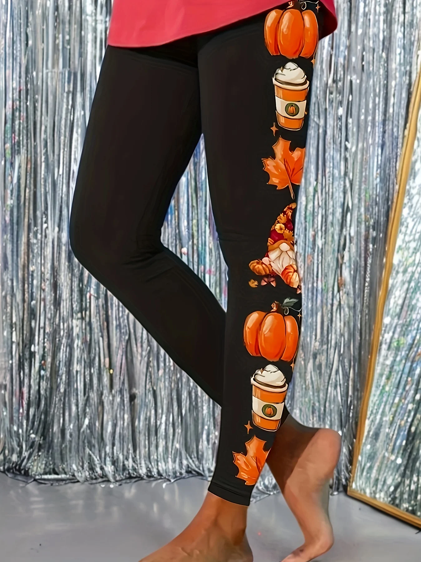 Women Mid‑Rise Fleece Lined Leggings Pumpkin Coffee Maple Leaf Print Soft Stretch Warm Ladies Fall Casual Pants