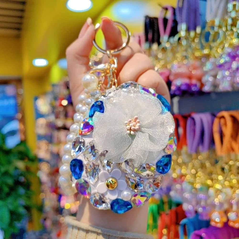 Creative Double Side Makeup Mirror with Pearl Chain Rhinestone Bling Pocket Mirror Versatile Folding Mirror Bag Charm