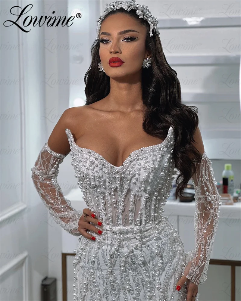 Arabic White Pearl Evening Dresses Mermaid Prom Dress Sequined Lace Formal Wedding Party Dress 2024 Custom Strapless Prom Gowns