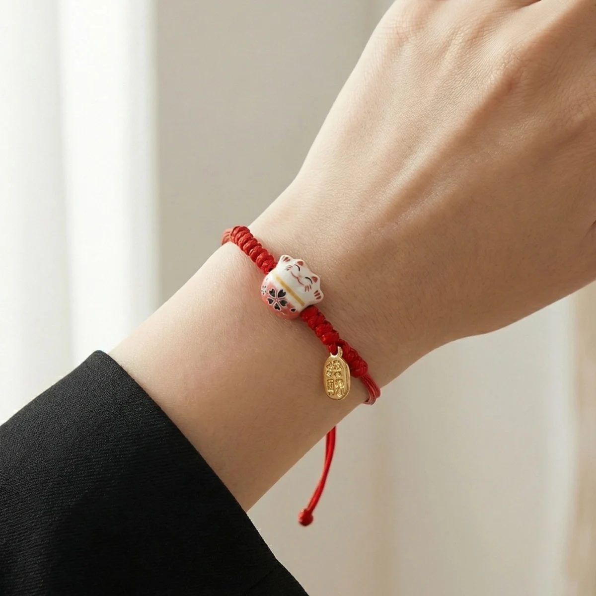 Ceramic Lucky Cat Bracelets For Women Men Cute Animal Kitten Handmade Woven Colorful Wax Rope Charm Bangles Bring Wealth Jewelry