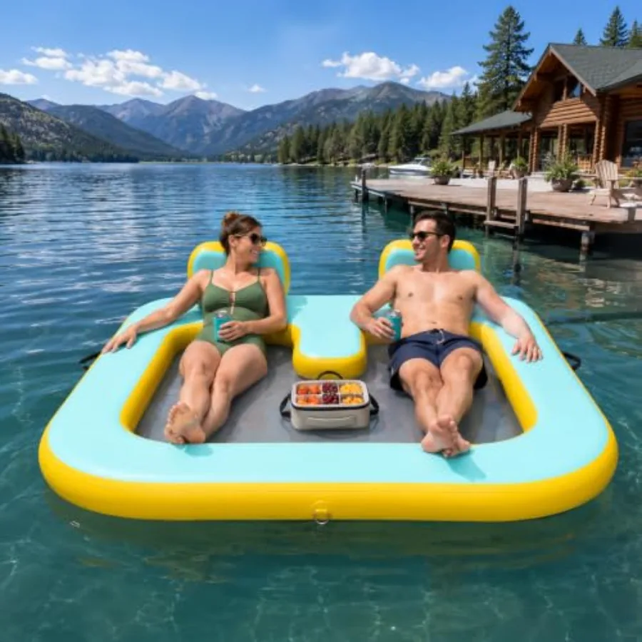 Inflatable Floating Dock For Lake Lounging And Water Relaxation, Vinyl Mesh, Blue, 500 Lbs Capacity And UV Puncture Resistant
