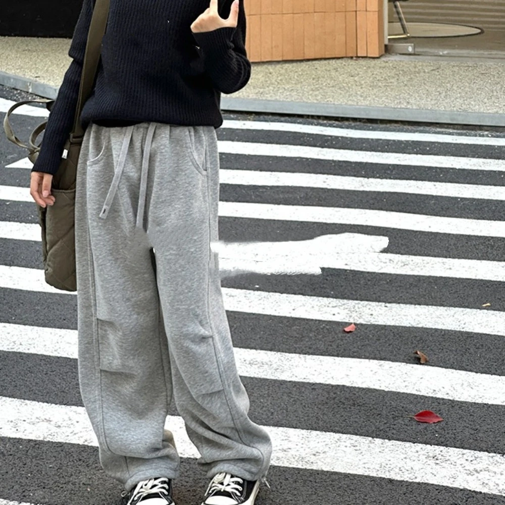 أزياء مطوي السراويل البضائع الفضفاضة ركض الرباط السراويل واسعة الساق السراويل عالية الخصر السراويل الرجعية فتاة الطلاب #3