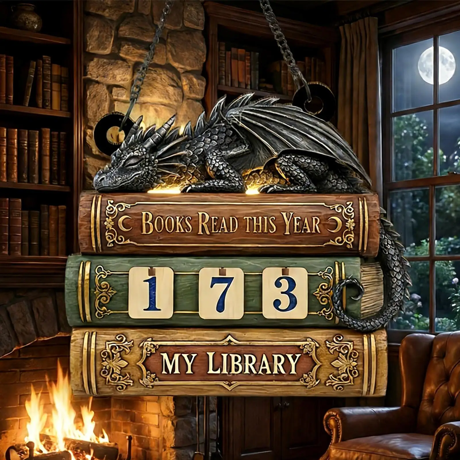 Dragon Embossed Wooden Books Read Counter Tracker Reading Challenge Goal Display Ornament Bookend for Book Lovers Bookshelf