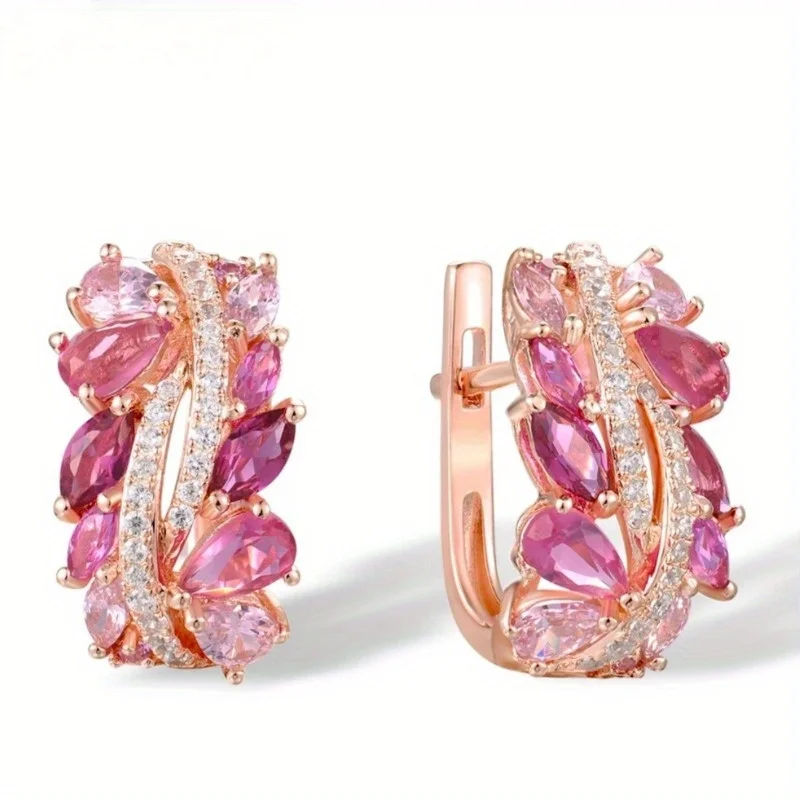 Pendientes de Aro con Circonitas Rosas en Color Dorado, Geométricos, Elegantes, para Mujer, Ideales para Fiestas y Uso Diario