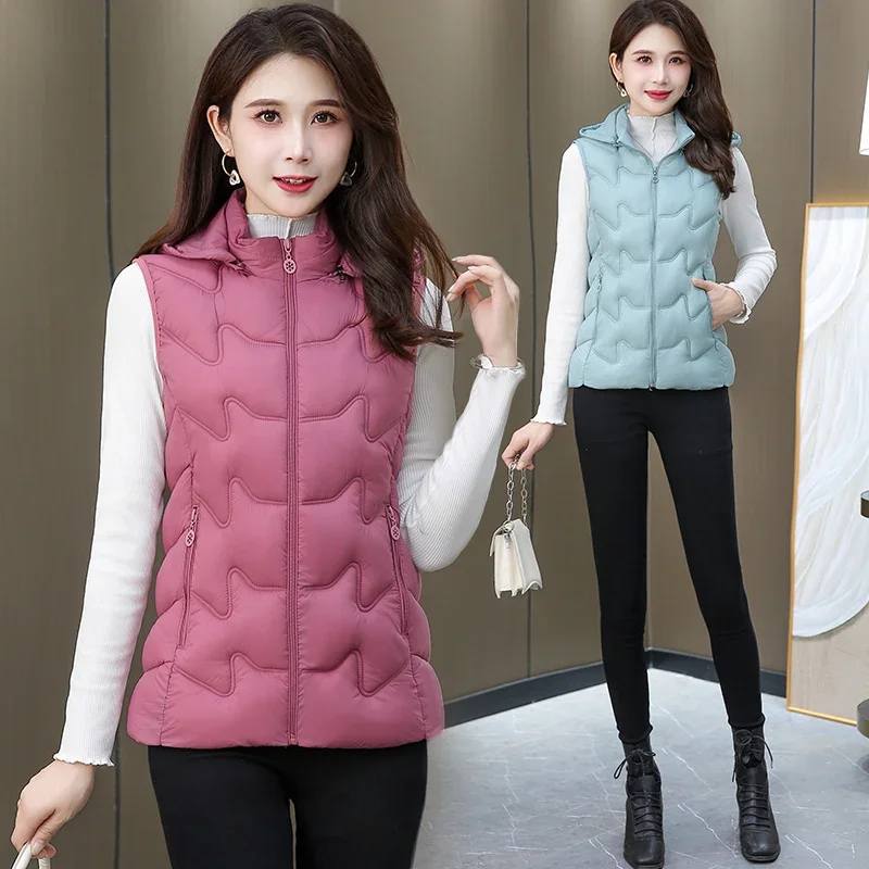 Women\'s Waistcoat Autumn Vest Padded Sleeveless Jacket Winter Warm Cotton Padded Puffer Vest Tops Outwear Female Hooded Coats