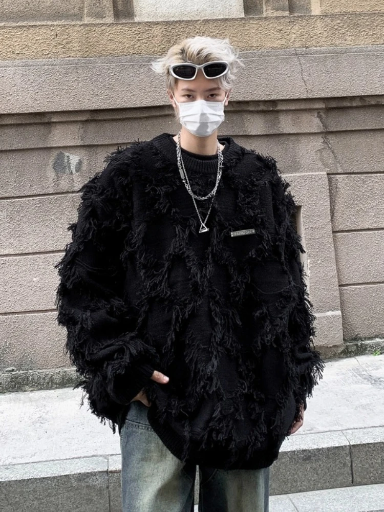 

Tassel Oversized Knit Sweater Men's Winter Japanese Streetwear Pullover Loose Round-Neck Jumper Warm Fuzzy Fringe Knitwear