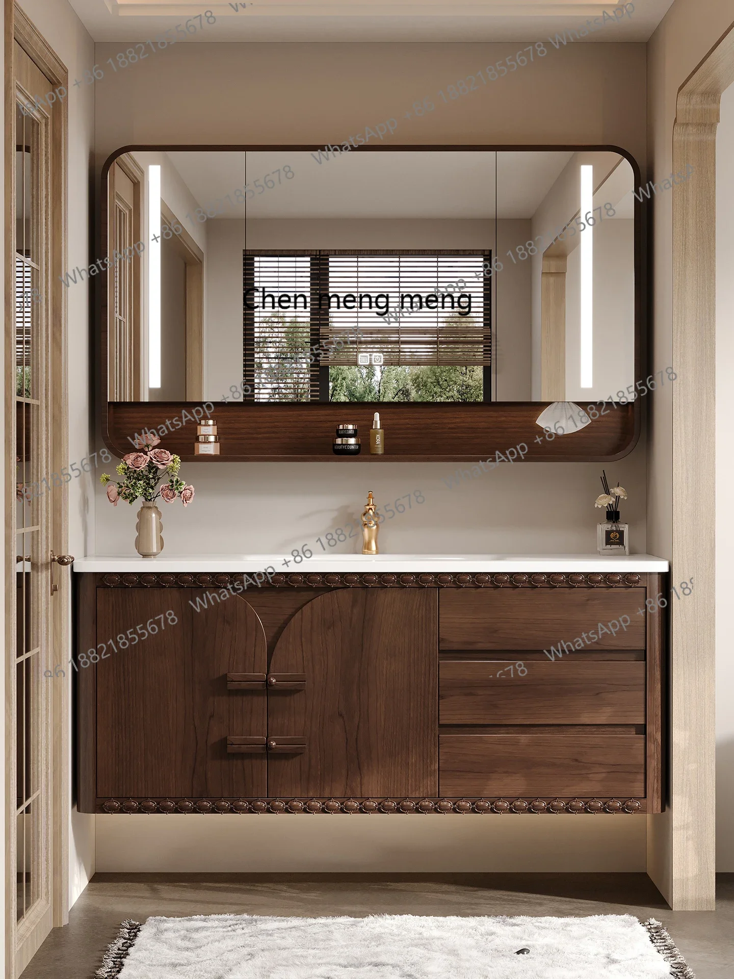 X Log Walnuss Corian Keramik integriertes Waschbecken moderne neue chinesische Badezimmerschrank-Kombination