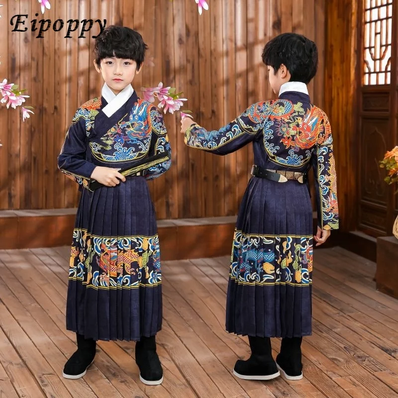 

Chinese Boys and girls Hanfu Suits Children's Ming Dynasty Royal Guards Ancient Costumes Martial Arts kid dress hanfu full set