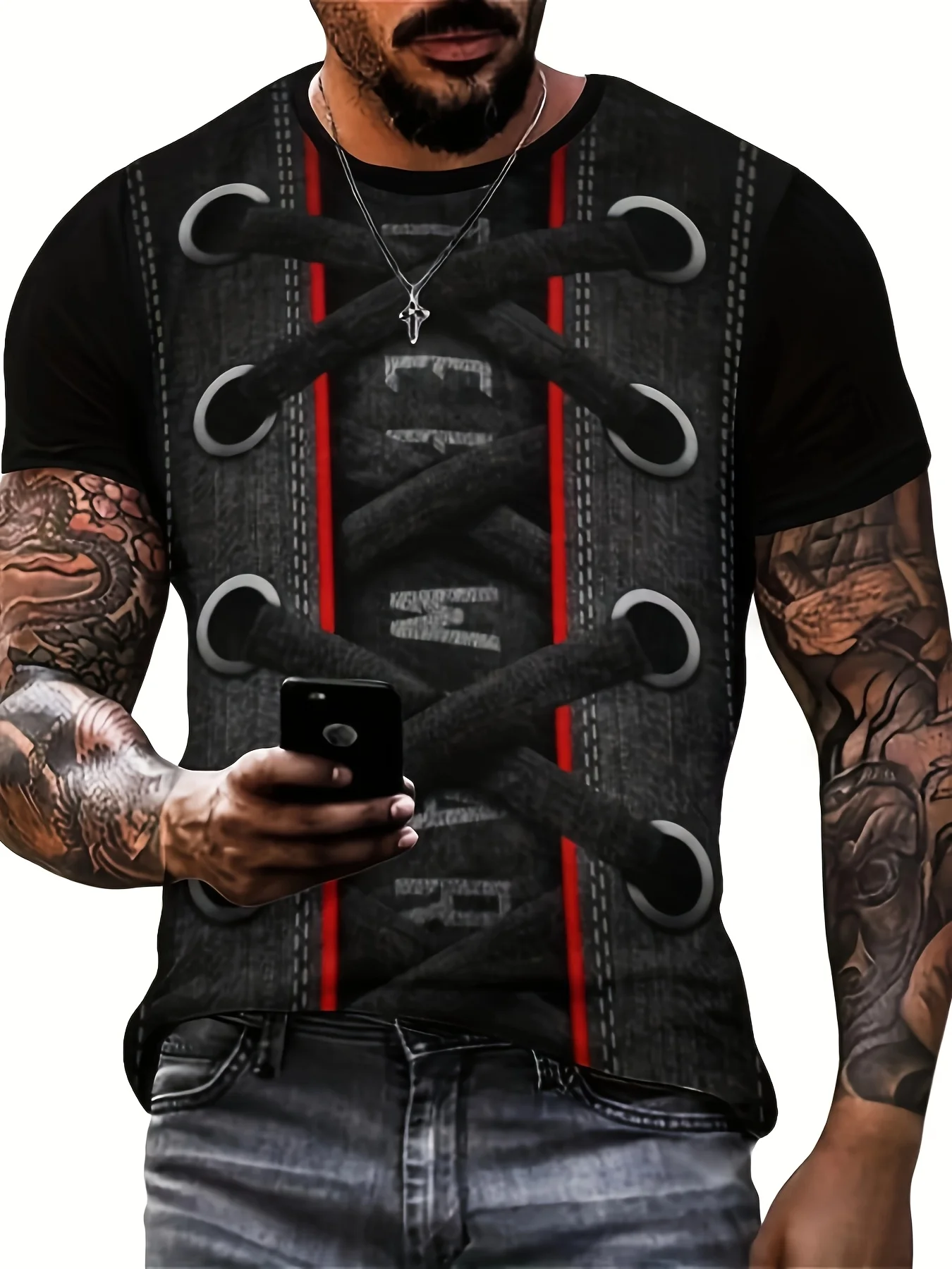 Men's O Neck Short Sleeve T Shirt 3D Denim Lace Up Eyelet Red Stripe Optical Illusion Print Gothic Casual Tops