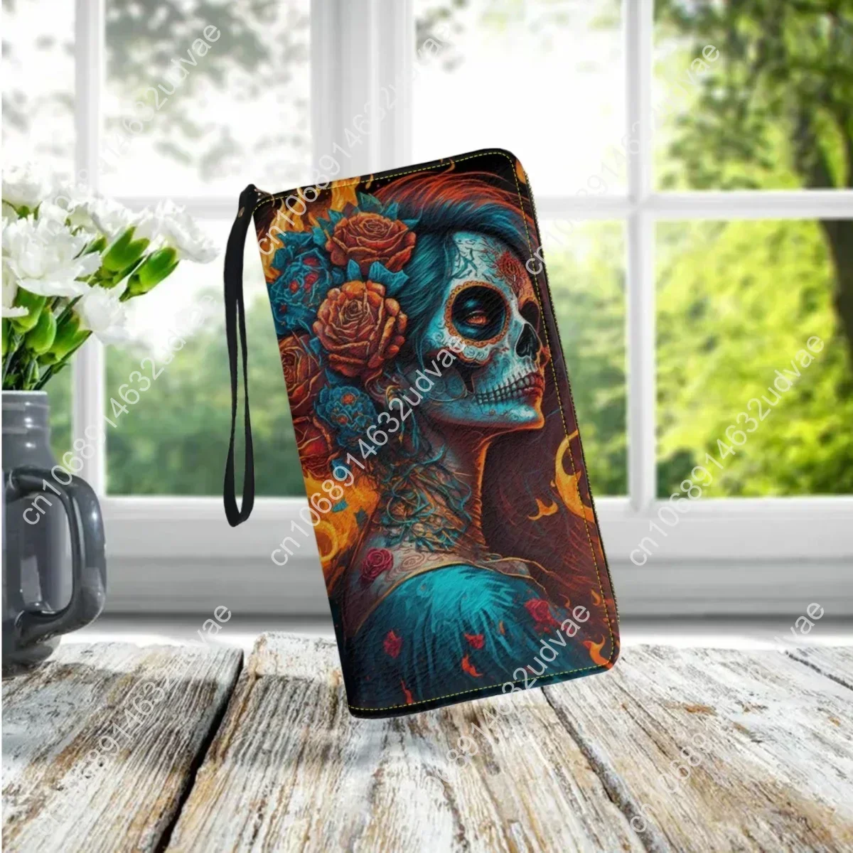 Goth Girl Sugar Skull Design Zipper Wallet Women Long Shoulder Strap Casual Coin Purse Card Holder PU Leather Wallet Clutch New