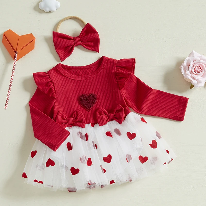 BeQeuewll Sweet Valentines Day Baby Clothes Heart Ruffle Long Sleeve Infant Girls Romper Dress Bow Headband Spring Bodysuits