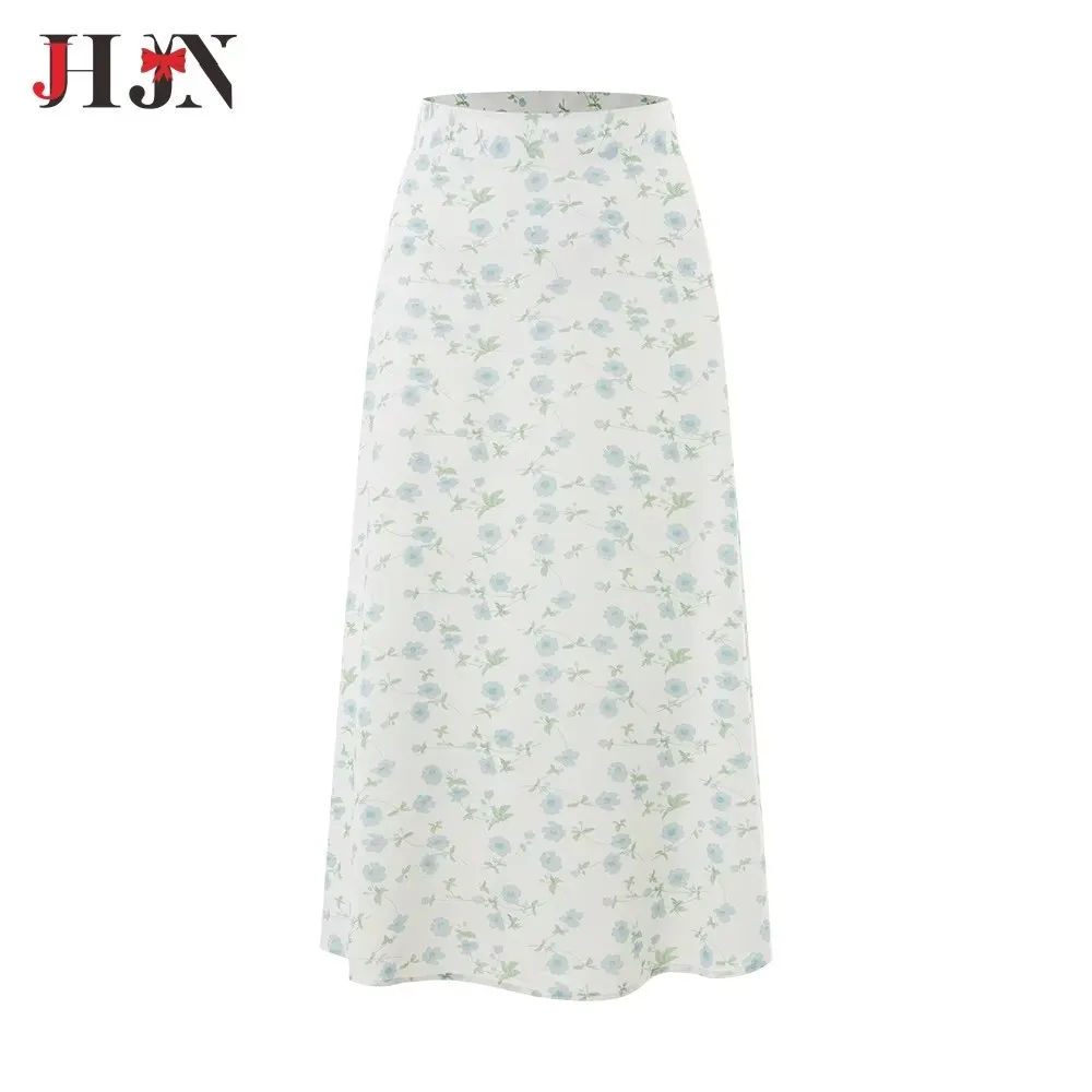 JHJN nuevas faldas acampanadas con estampado de flores bohemias 2024 verano primavera cintura alta Vintage faldas de una pieza de longitud media para mujer