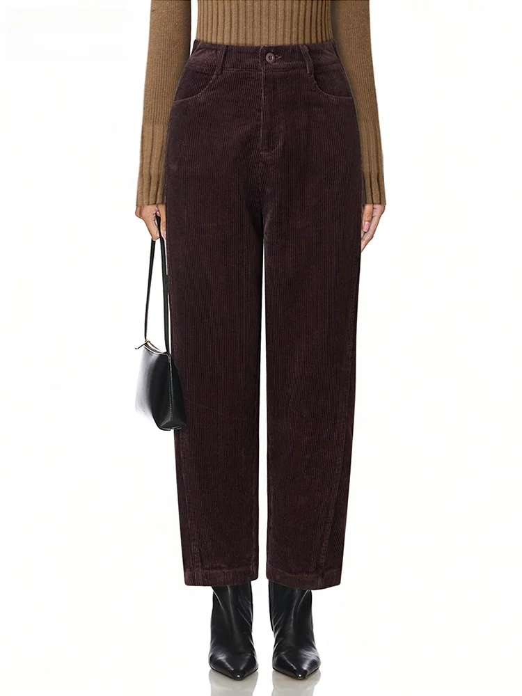 

High Waist Corduroy Straight Leg Nine Pants Brown Casual Pure Color Zipper Fly Women's Comfortable Cotton Trousers