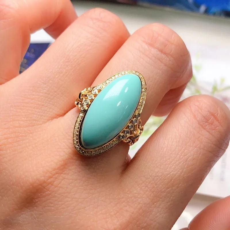 Natural Turquoise rhombus rings for women Creative Fresh Vintage glossy Green horse-eye pointed Ring Engagement Banquet Jewelry