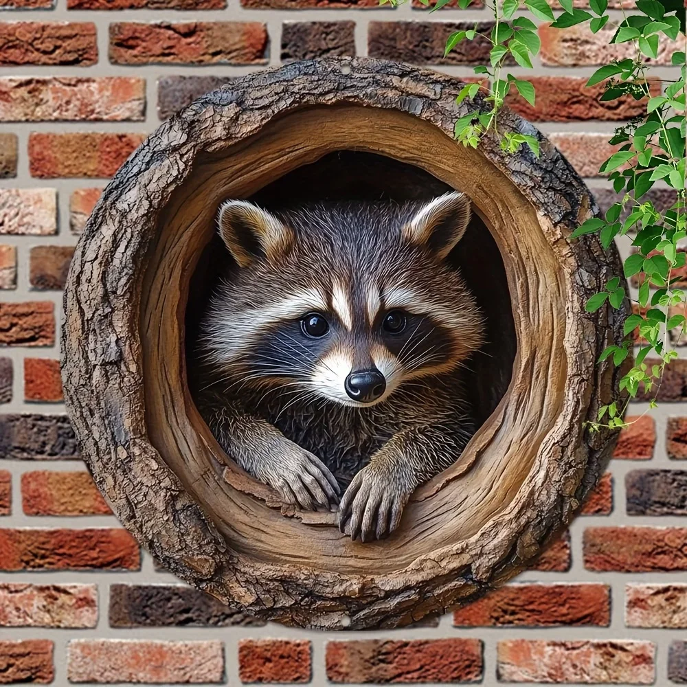 1PC Raccoon in Tree Hole Aluminum Sign - Multifunctional Wall Decor, Waterproof Durable Metal Plaque for Home, Room Decor