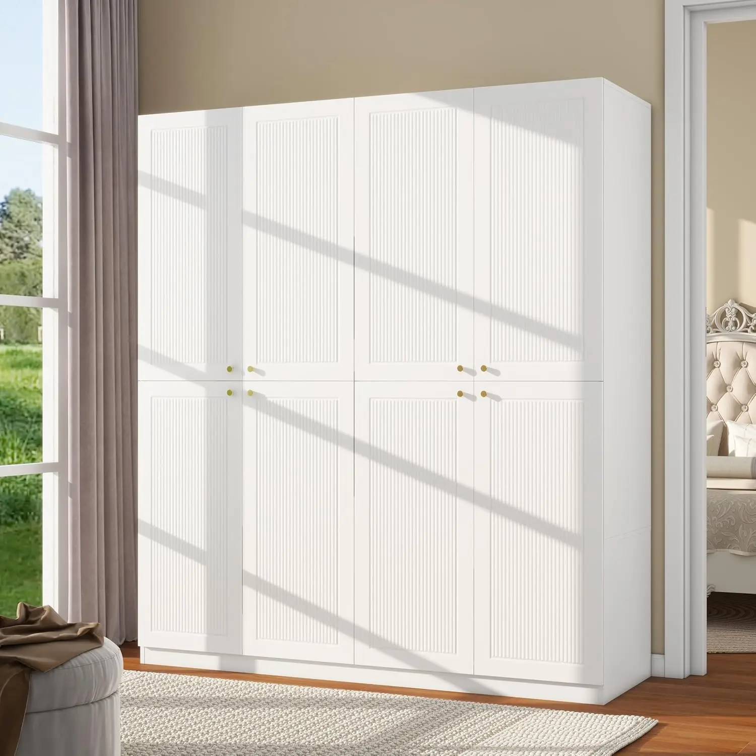 White Wardrobe Closet with Grooved 4 Doors, Bedroom Armoire with Shelves, Wooden Wardrobe Closet Cabinet for Hanging Rod Clothes