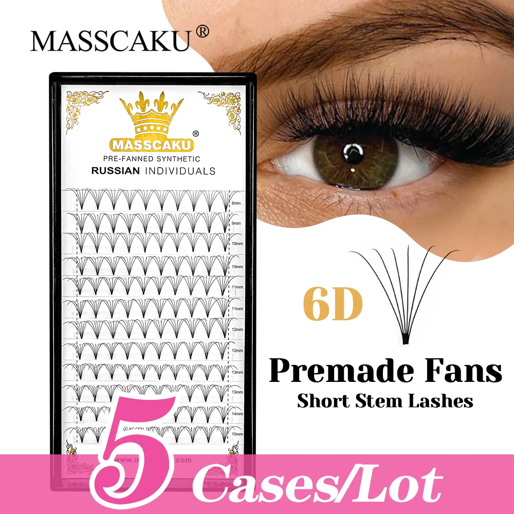 

MASSCAKU 5cases/lot 3D Effect Handmade Short Stem Premade Fans Lash Natural Looks Premium Velvet Fiber Thin Root Lashes Supplies