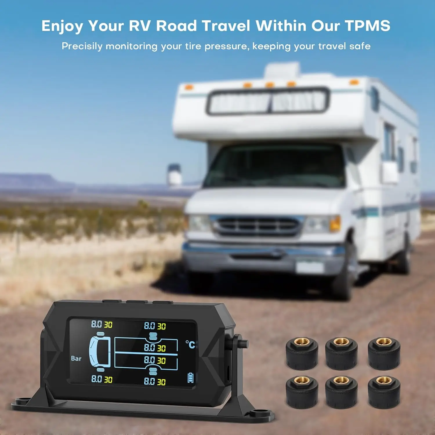 

Tire Pressure Monitoring System, 7.84” Cordless Solar Charge RV TPMS with 6 Sensors,for RV Travel Trailer Truck Fifth Wheel