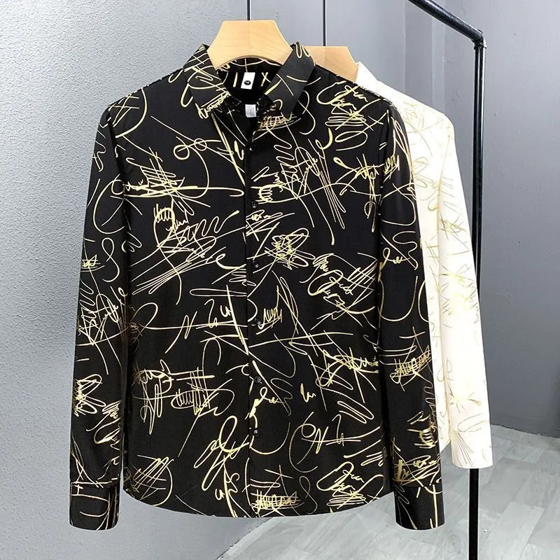 جديد الخريف الكورية نمط الأزياء ملابس منقوشة بكم طويل الرجال عارضة قميص زر على الموضة الربط تنوعا أعلى #3