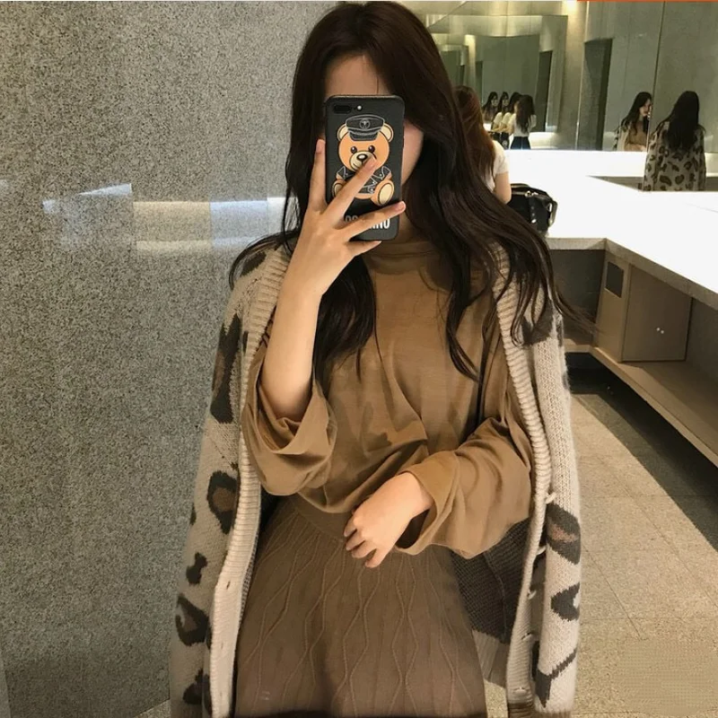 Pink V-neck Leopard Print Sweater Women\'s Autumn Korean Version Loose Fit Slimming Sweater Knitted Cardigan Jacket