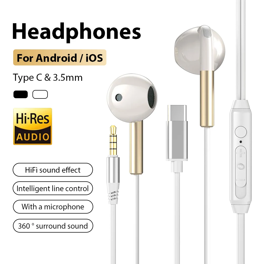 سماعات رأس سلكية من النوع C لهاتف سامسونج آيفون 17 16 15 وشاومي وهواوي أوبتو مع ميكروفون 3.5 ملم سماعات تحكم بخط HiFi #1