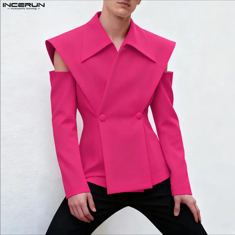 INCERUN Men Blazer Solid Color Lapel Long Sleeve Button Casual Male Suit Streetwear Off Shoulder 2026 Fashion Thin Coats S-5XL