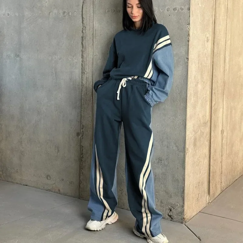 2024 New Autumn Winter Casual Blue Patchwork Sets Women 2 Pieces O-Neck Long Sleeve Blouse Drawstring Straight Sweatpants Suit