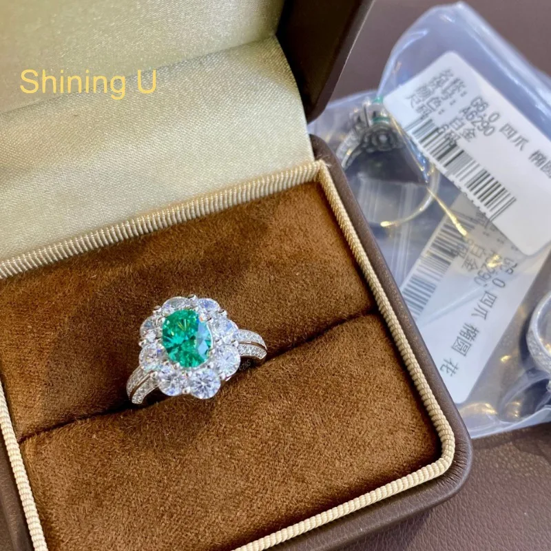 

Shining U S925 Silver 3CT Oval Emerald Ring for Women Fine Jewelry Engagement