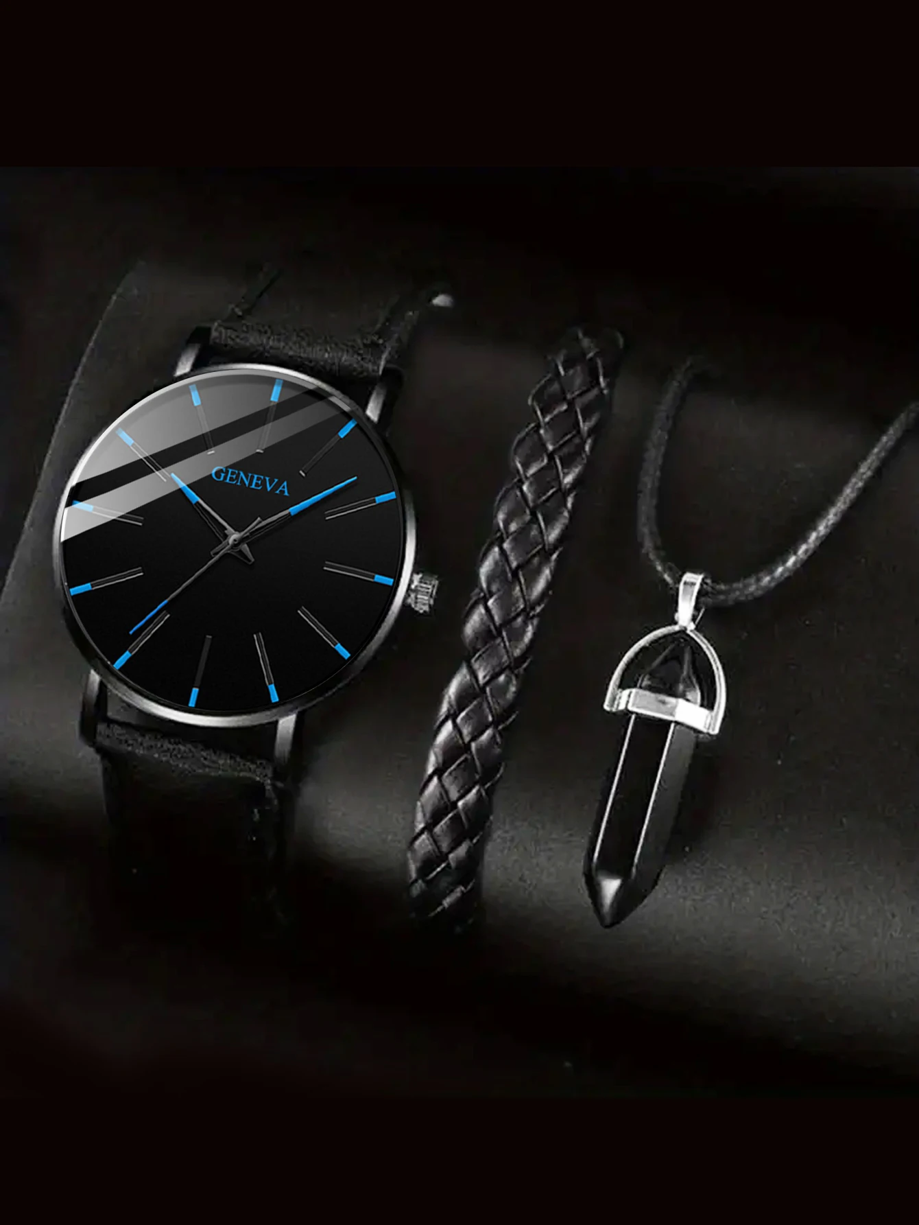 3pcs Casual Fashion graduated alloy leather men\'s quartz watch with leather bracelet necklace set gift