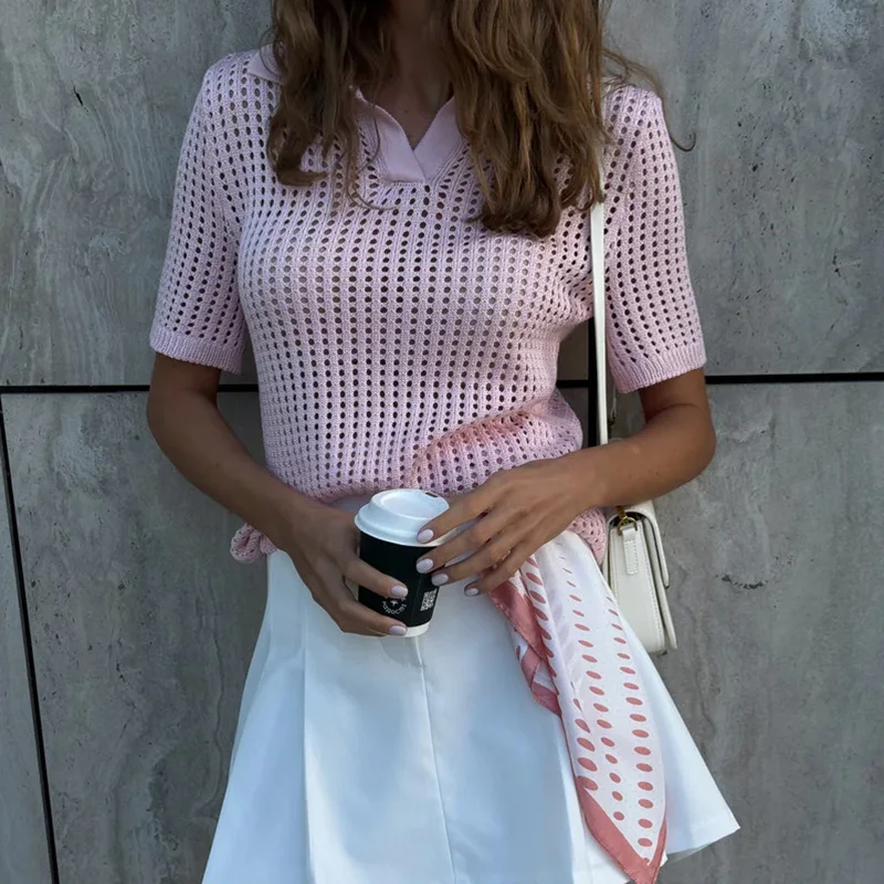 

2025 Elegant Hollow Out Commuter Pullover Fashion Lapel Collar Knit PoLo Blouse Women Casual Short Sleeve Multicolor Shirt Tops