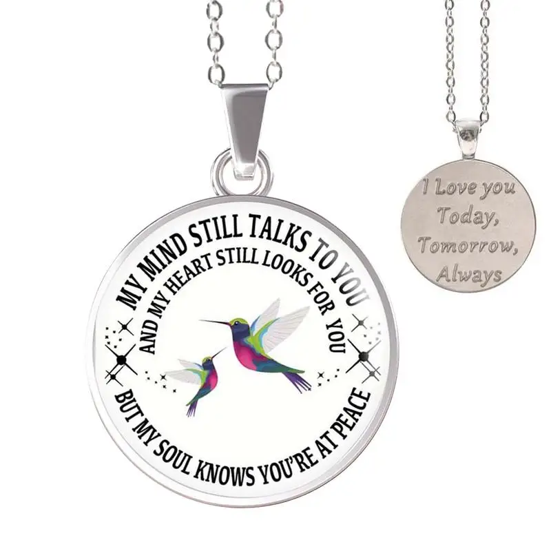 Hummingbird Necklace Round Art Photo Metal Pendant Necklace Bird Letters Print Hummingbird Charm Chain