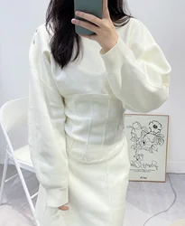 Women White Dress Shoulder Buttons Round Neck Long Puff Sleeve High Waist Elegant Spring 2024 Mini Robe