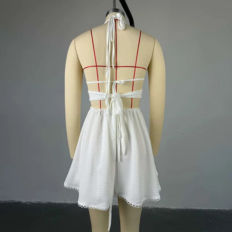 Slergiri Damska Biała Sukienka z Wycięciami i Koralikami, Wiązana na Szyi, Jesień 2024, Seksowna, Bez Pleców, z Wysokim Stanem, Słodka Sukienka na Imprezę, Krótka Sukienka w Kształcie Litery A